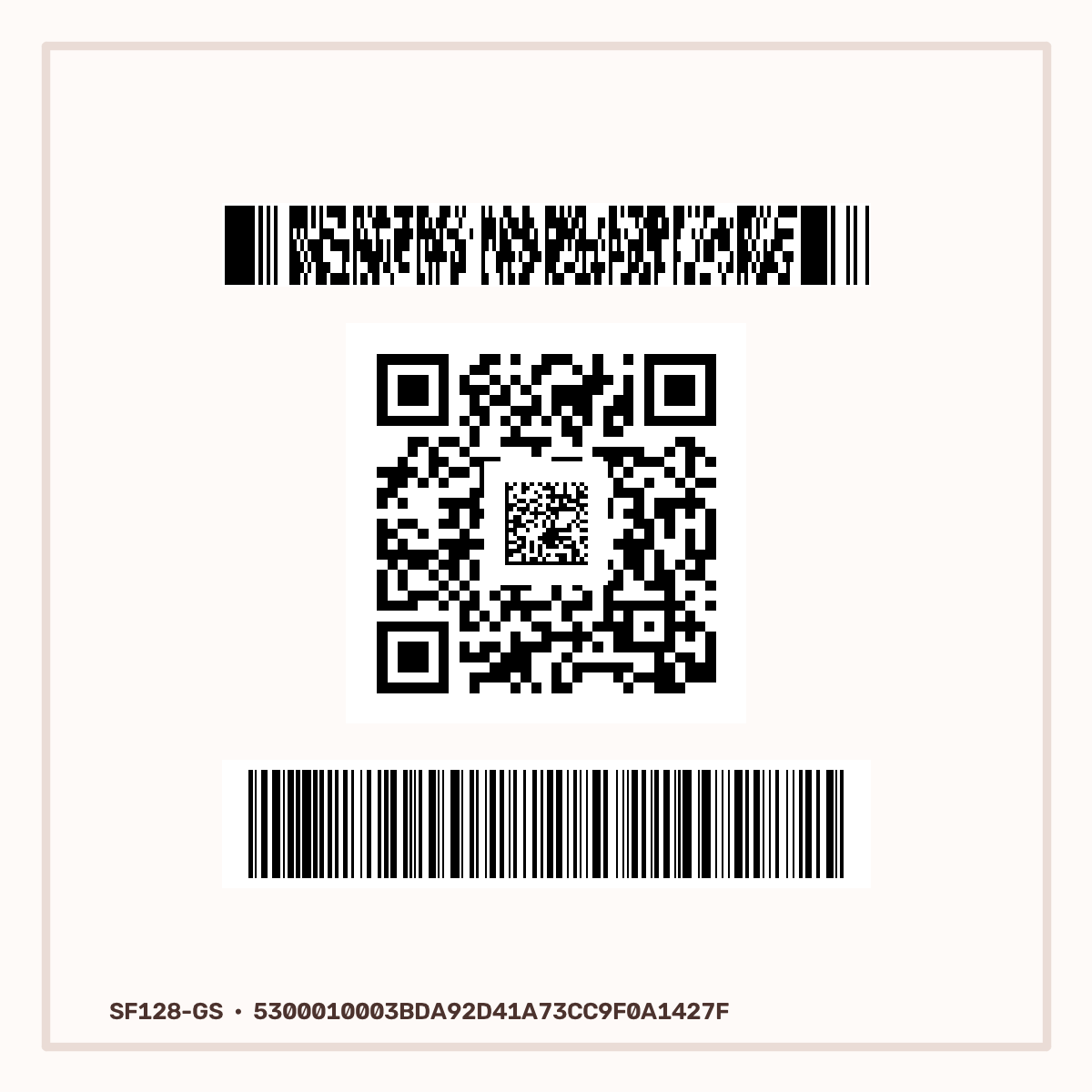 Composite badge: a horizontal PDF417 band on top, a QR code with a DataMatrix nested in its center below it, and an EAN128 barcode across the bottom, all edge-aligned